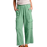 Women's Wide Leg Cargo Pants Linen Palazzo Pant Vintage Casual Loose Fit Lounge Trousers with Pockets Palazzo Pants