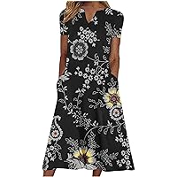 Womens Flower Print Casual Beach Dress Summer Short Sleeve V-Neck Fashion Slim Tunic T-Shirt Dress with Pockets