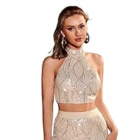 Womens Summer Tops Sexy Casual T Shirts for Women Sequin Backless Halter Top