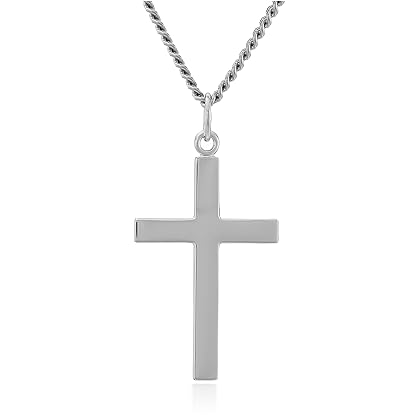 Amazon Collection Men's Sterling Silver Solid Polished Cross with Lord's Prayer Inscription and Stainless Steel Chain, 24