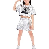 TiaoBug Kids Girls Shiny Metallic Hip Hop Jazz Street Dance Outfits Sequins Hat Pattern Crop Tops with Short Skirt Set