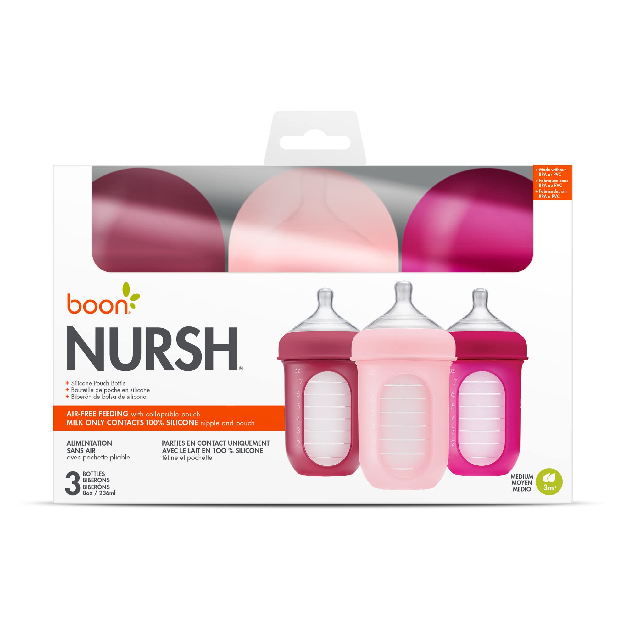Boon Nursh Stage 2 Medium Flow Reusable Silicone Baby Bottles with Collapsible Silicone Pouch Design - Everyday Baby Essentials - Pink - 8 Ounce - 3 Count