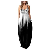 Women's Casual Loose-Fitting Summer Flowy Print Dress Swing Sleeveless Long Floor Maxi Beach Round Neck Glamorous