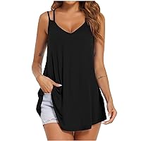 Women's Tanks & Camis Square Collar Solid Color Vest Tees Top Sleeveless Smocked Swing Hem Tunic Shirt Cloth Daily Tank