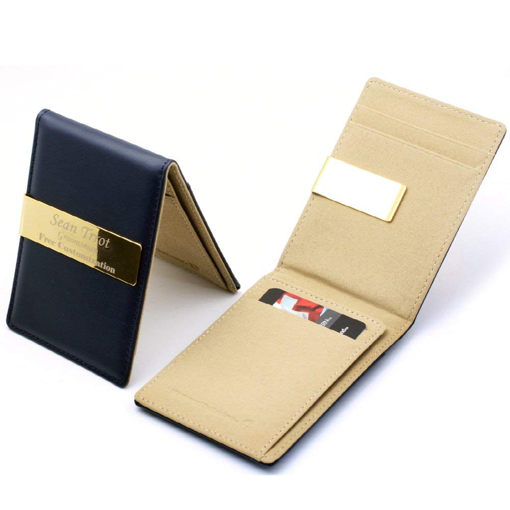 Sotania - Personalized 24K Gold Genuine Leather Money Clips Mens Wallets slim Front Pocket Card Holder Gift for Mens Groomsmen Gift (Navy_Blue)