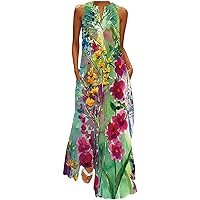 Women's Casual Loose-Fitting Summer Dress Swing Print Sleeveless Long Floor Maxi Flowy Beach Round Neck Glamorous