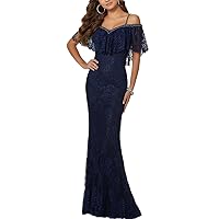 Off The Shoulder Navy Blue Full Length Sheath Lace Evening Dress with Beading