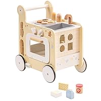 ROBOTIME Wooden Baby Push Walker Learning Walker,4 in 1 Activities Center Monetessori Walker Education Toys with Bakery Kitchen,Shape Sorter and Movable Slider, Gift for Boys Girls 18 Months