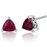 Peora Created Ruby Stud Earrings 925 Sterling Silver, Solitaire Scroll Gallery, 2 Carats Total Trillion Shape 6mm, Hypoallergenic, Friction Backs