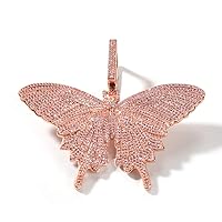 Iced Out Chain 18K Gold Plated Fully CZ Simulated Diamond Pink Butterfly Hip Hop Pendent Necklace for Men Women
