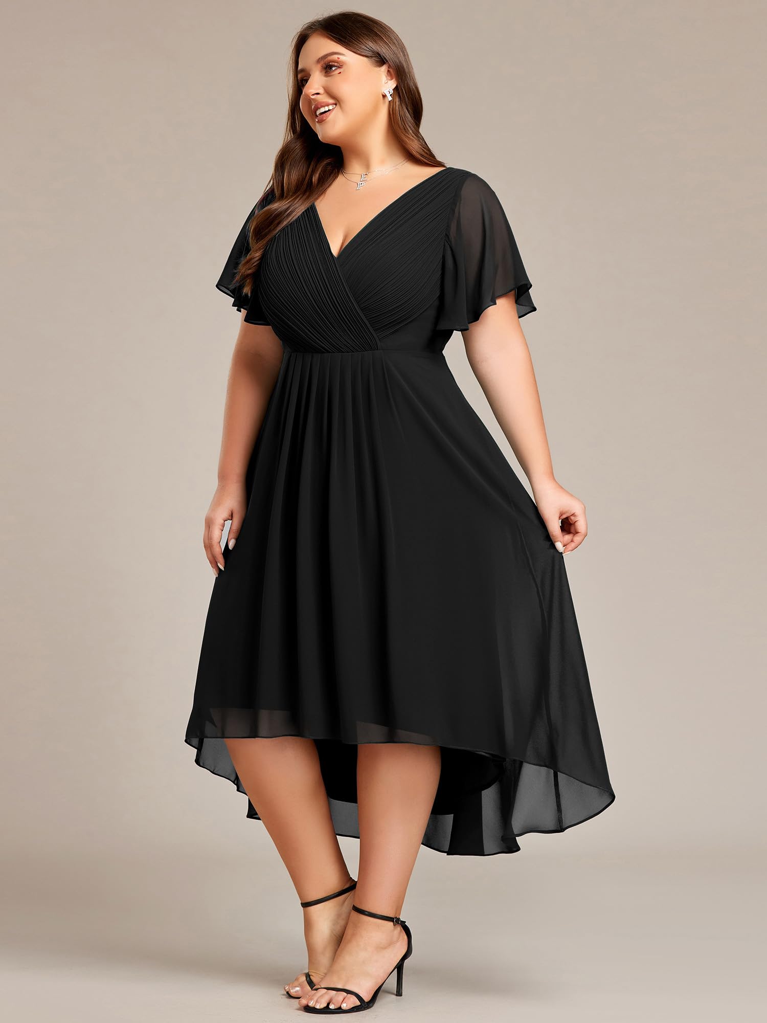 Ever-Pretty Women's A Line Ruched V Neck Short Sleeves Knee Length Plus Size Wedding Guest Dress 01923-DA