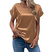 Women's Blouses and Tops Dressy Elegant Solid Round Neck Rolled Short Sleeve Satin Silk Blouse Tops T Shirts