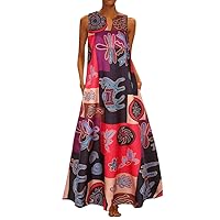 Women's Bohemian Print Dress Swing Sleeveless Long Floor Maxi Flowy V-Neck Glamorous Casual Loose-Fitting Summer Beach