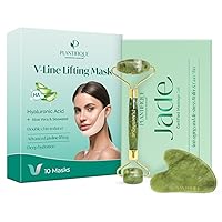 PLANTIFIQUE V-Line Collagen Mask for face 10 PCS Chin Strap for Double Chin Women & Men and Jade Roller for Face and Gua Sha Facial Tools - for Your Skincare Routine