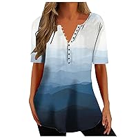 Womens Henley Tunic Tops Summer Button Up T-Shirts Loose Fit Short Sleeve T Shirt Vintage Floral V-Neck Casual Blouses