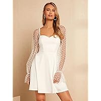 Fall Dresses for Women 2022 Contrast Dobby Mesh Flounce Sleeve Dress (Color : White, Size : Large)