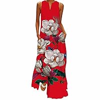 Women's Plus Size Boho Floral Printed Maxi Dress Beach Vintage Sleeveless Deep V Neck Irregular Hem Tunic Maxi Dresses