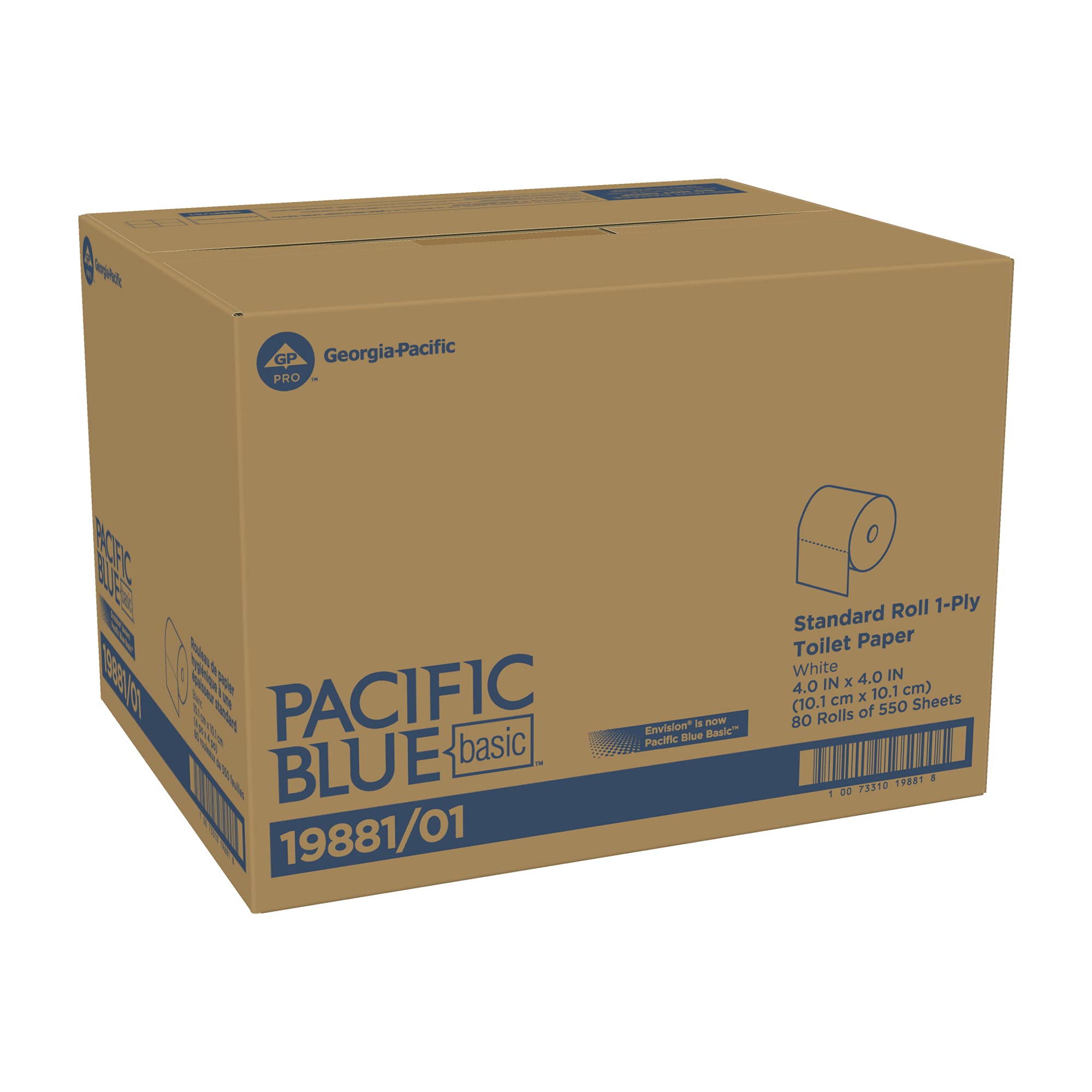 Pacific Blue Basic 1-Ply Embossed Toilet Paper (previously branded Envision): 19881/01: 550 Sheets Per Roll: 80 Rolls Per Case