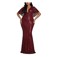 Women's Plus Size V Neck Ruffle Short Sleeve Sequined Mermaid Gown Guest Wedding Prom Dress