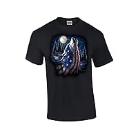 American Flag Wolf Howling Moon Patriotic Adult Tee Shirt Black