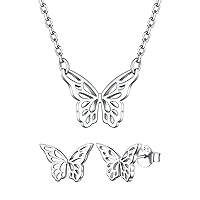 ChicSilver 925 Sterling Silver Butterfly Jewelry Set, Dainty Butterfly Stud Earrings and Necklace Set for Women Girls