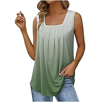 Ladies Square Neck Tank Top Sleeveless Pleated Tunic Tops for Women Hide Belly Summer Shirts Gradient Tanks Vest