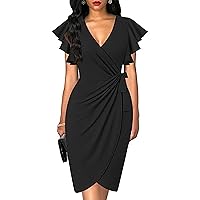 Women's Deep V-Neck Pleated Sleeve Tight Artificial Wrap Dress