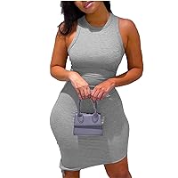 Women'S Sexy Ribbed Tank Dress Slim Fit Sleeveless Ruched Mini Midi Dresses Summer Stretchy Casual Basic Bodycon Dress
