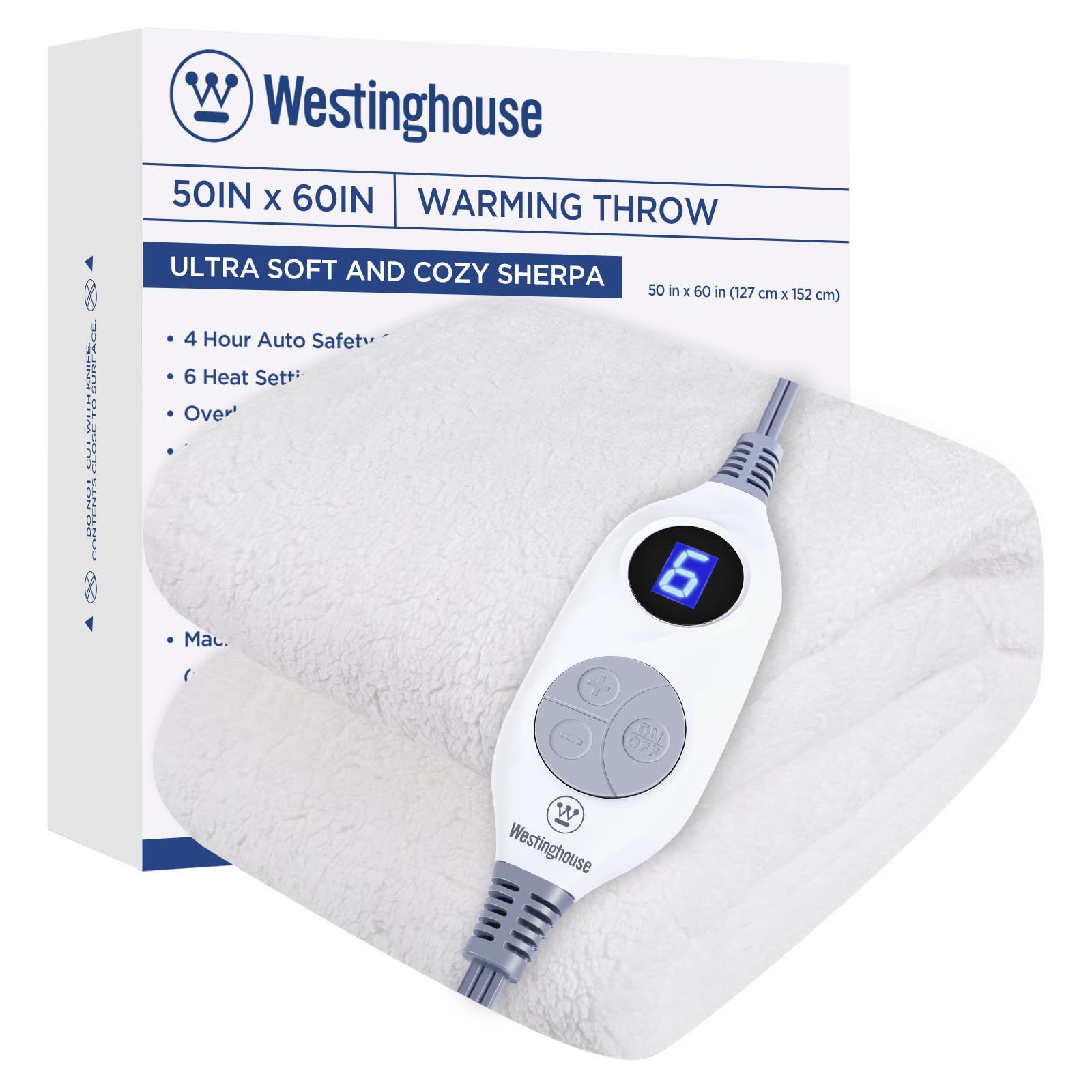 Westinghouse Electric Blankets Heated Throw Sherpa Heating Blanket, 6 Heat Settings & 4 Hours Auto Off, Ivory, 50x60in