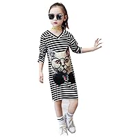 Girls Long Sleeve Cartton Cat Printed Striped Dress