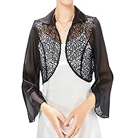 Women's Long Sleeve Open Front Lace Crop Cardigan Bolero Shrug Top for Evening Dressy