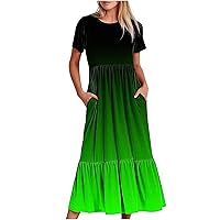 Returns and Refunds Women Crewneck Maxi Dress Trendy Summer Short Sleeve Long Dresses Casual Tiered Ruffle Mid Calf Dress Sundress Long Beach Dresses for Women Green