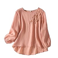Spring and Summer Embroidery Round Neck Long-Sleeved T-Shirt Women's Retro Loose Pullover Embroidered top Women