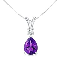Natural Amethyst Teardrop Pendant Necklace with Diamond for Women in 925 Silver / 14K Solid Gold