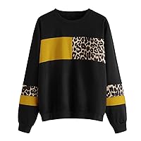 Andongnywel Women's Leopard Print Stitching Pullover Round Neck Loose Sleeve Crew Neck Jumper Casual Blouses