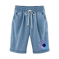 Bermuda Shorts for Women Knee Length,Women's Elastic Waist Knee Length Short Solid Flower Workout Pocket Beach Short