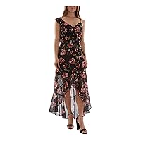 Womens Black Sheer Textured Lined Faux Wrap Style Pull Over Floral Cap Sleeve Asymmetrical Neckline Maxi Party Fit + Flare Dress M