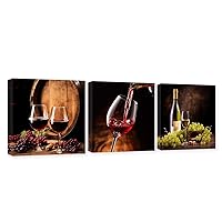 CXHOSTENT 3 Panels Kitchen Canvas Wall Art Grape Red Wine Cup Wine Barrel Pictures Food Paintings Print Modern Restaurant Bar Decor Frame (Red Wine - 1, 12x12inchx3Pcs)