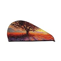 Oil Painting of Lavender Print Dry Hair Cap for Women Coral Velvet Hair Towel Wrap Absorbent Hair Drying Towel with Button Quick Dry Hair Turban for Travel Shower Gym Salons