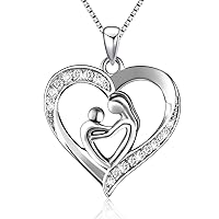 BLOVIN 925 Sterling Silver Mother and Child Love Heart Pendant Necklace Jewelry Gifts for Grandmother Mom Daughter Wife, Silver, Cubic Zirconia