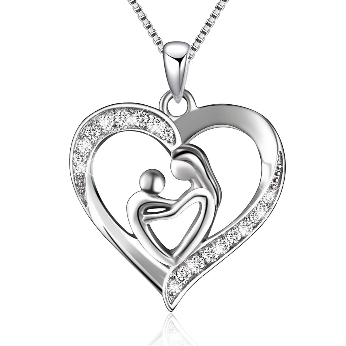 BLOVIN 925 Sterling Silver Mother and Child Love Heart Pendant Necklace Jewelry Gifts for Grandmother Mom Daughter Wife