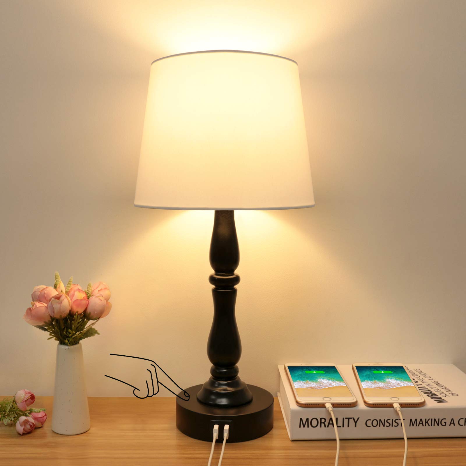 Touch Control Table Lamp with 2 USB Ports, Boncoo 3 Way Dimmable Bedside Lamp Modern Nightstand Lamp USB Table Lamp Bedside Desk Lamp with White TC...
