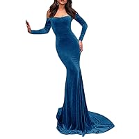 Velvet Off Shoulder Court Train Prom Dress Mermaid Evening Gown with Long Sleeves EV004E