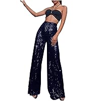 Womens Sequin Sparkly High Cut Flare Wide Leg Pants Loose Fit Pants for Women Formal Fall Summer Pants 2024