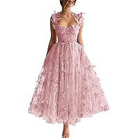 3D Butterfly Tulle Prom Dresses Spaghetti Straps Tea Leagth A-Line Formal Evening Gowns