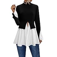 Shirts for Women Trendy Summer, Women's Irregular Ruffle Edge High Collar Spliced Shirt Top Tops, S XL