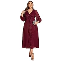 Ever-Pretty Women's V Neck A Line Pleated Tea Length Plus Size Midi Semi Fromal Dress 01977-DA