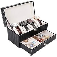 Watch Case Watch Box,Watch storage case Fiber Double Jewellery Box 4 Watch Box Necklace Ring Glasses Storage Box Collections (Black,22x11x11CM)