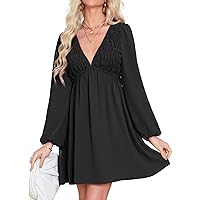 BerryGo Women's Casual Long Sleeve Babydoll Flowy Dress V Neck Swing Party Mini Dress with Pocket for Summer Beach 2024