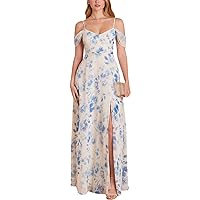 Floral Print Chiffon Bridesmaid Dresses Off The Shoulder Formal Maxi Dress with Slit for Women 2024 R044